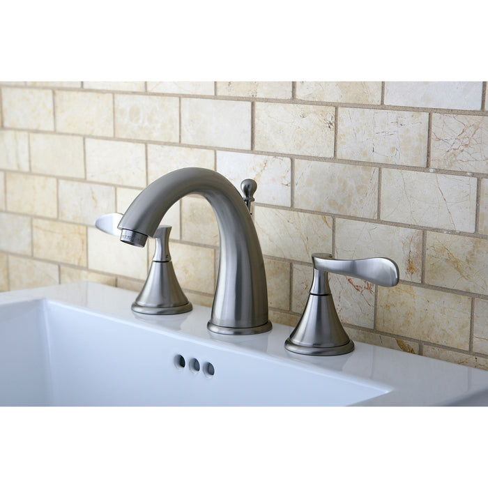 Kingston Tulare KS2978CFL - Century Two-Handle 3-Hole Deck Mount Widespread Bathroom Faucet with Brass Pop-Up, Brushed Nickel