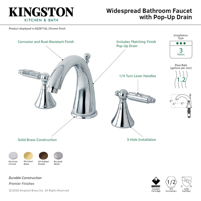 Kingston Tulare KS2978GL - Elinvar Two-Handle 3-Hole Deck Mount Widespread Bathroom Faucet with Brass Pop-Up, Brushed Nickel