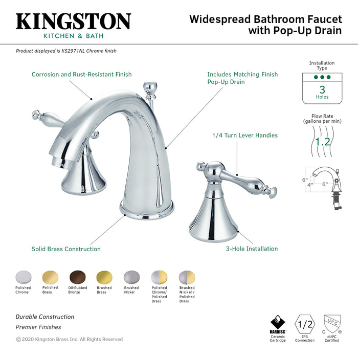 Kingston Tulare KS2978NL - Naples Two-Handle 3-Hole Deck Mount Widespread Bathroom Faucet with Brass Pop-Up, Brushed Nickel