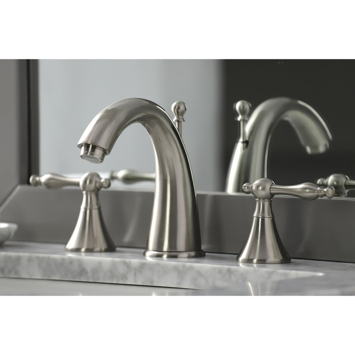 Kingston Tulare KS2978NL - Naples Two-Handle 3-Hole Deck Mount Widespread Bathroom Faucet with Brass Pop-Up, Brushed Nickel