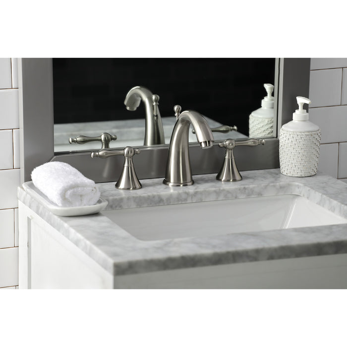 Kingston Tulare KS2978NL - Naples Two-Handle 3-Hole Deck Mount Widespread Bathroom Faucet with Brass Pop-Up, Brushed Nickel