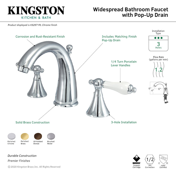 Kingston Tulare KS2978PL - Naples Two-Handle 3-Hole Deck Mount Widespread Bathroom Faucet with Brass Pop-Up, Brushed Nickel