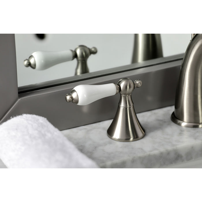 Kingston Tulare KS2978PL - Naples Two-Handle 3-Hole Deck Mount Widespread Bathroom Faucet with Brass Pop-Up, Brushed Nickel