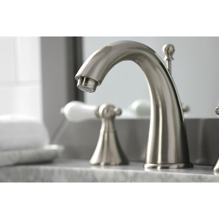 Kingston Tulare KS2978PL - Naples Two-Handle 3-Hole Deck Mount Widespread Bathroom Faucet with Brass Pop-Up, Brushed Nickel