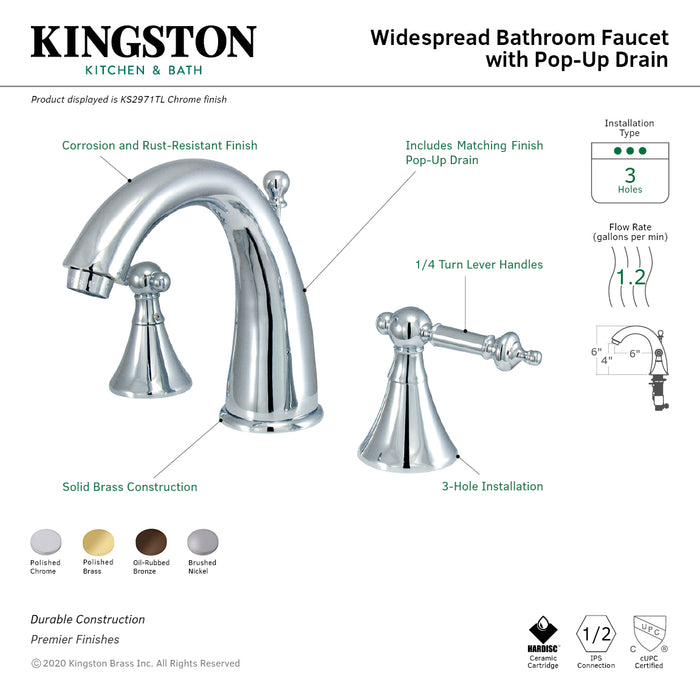 Kingston Tulare KS2978TL - Templeton Two-Handle 3-Hole Deck Mount Widespread Bathroom Faucet with Brass Pop-Up, Brushed Nickel