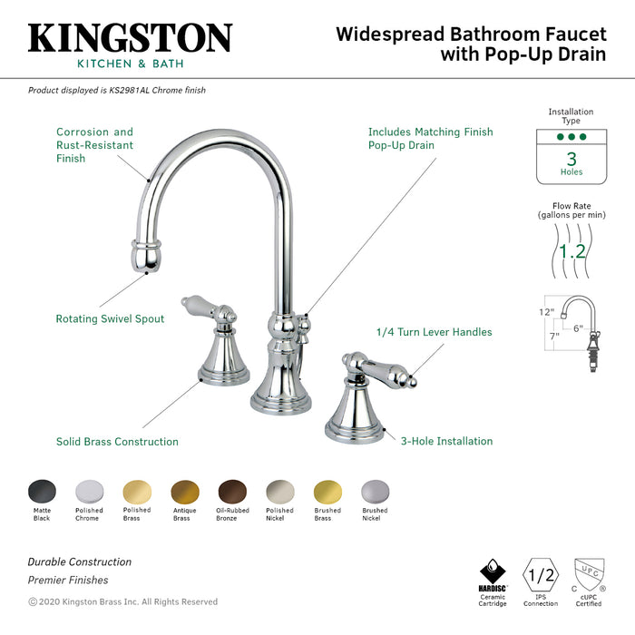 Kingston Tulare KS2980AL - Governor Two-Handle 3-Hole Deck Mount Widespread Bathroom Faucet with Brass Pop-Up, Matte Black