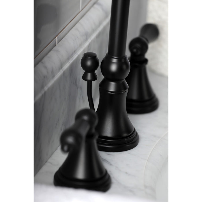 Kingston Tulare KS2980AL - Governor Two-Handle 3-Hole Deck Mount Widespread Bathroom Faucet with Brass Pop-Up, Matte Black