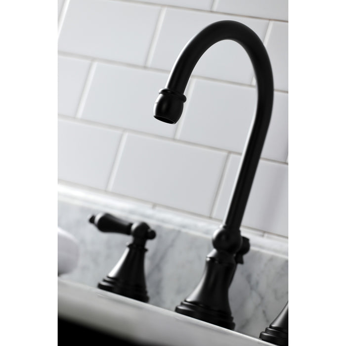Kingston Tulare KS2980AL - Governor Two-Handle 3-Hole Deck Mount Widespread Bathroom Faucet with Brass Pop-Up, Matte Black