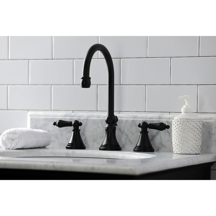 Kingston Tulare KS2980AL - Governor Two-Handle 3-Hole Deck Mount Widespread Bathroom Faucet with Brass Pop-Up, Matte Black