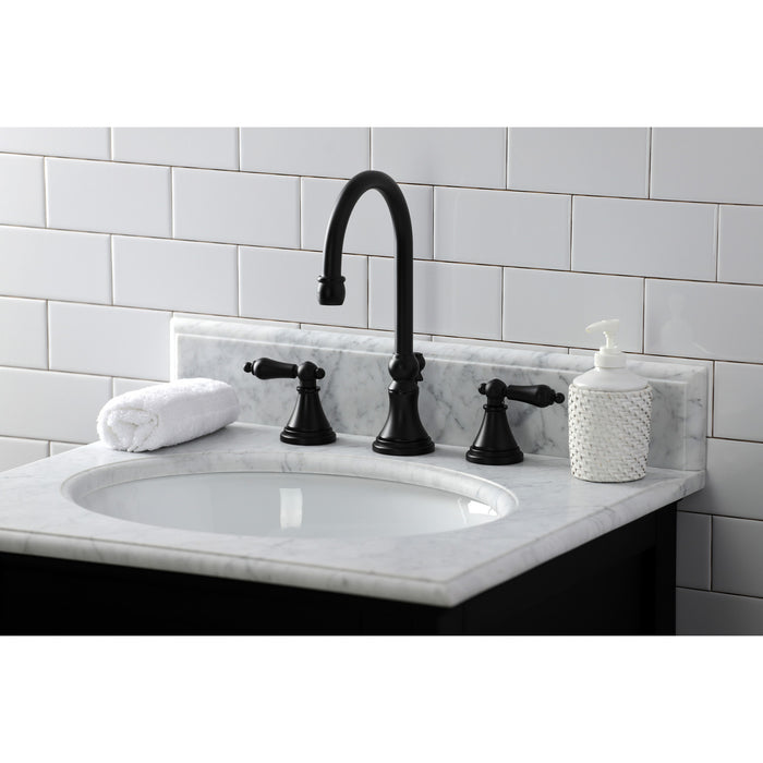 Kingston Tulare KS2980AL - Governor Two-Handle 3-Hole Deck Mount Widespread Bathroom Faucet with Brass Pop-Up, Matte Black