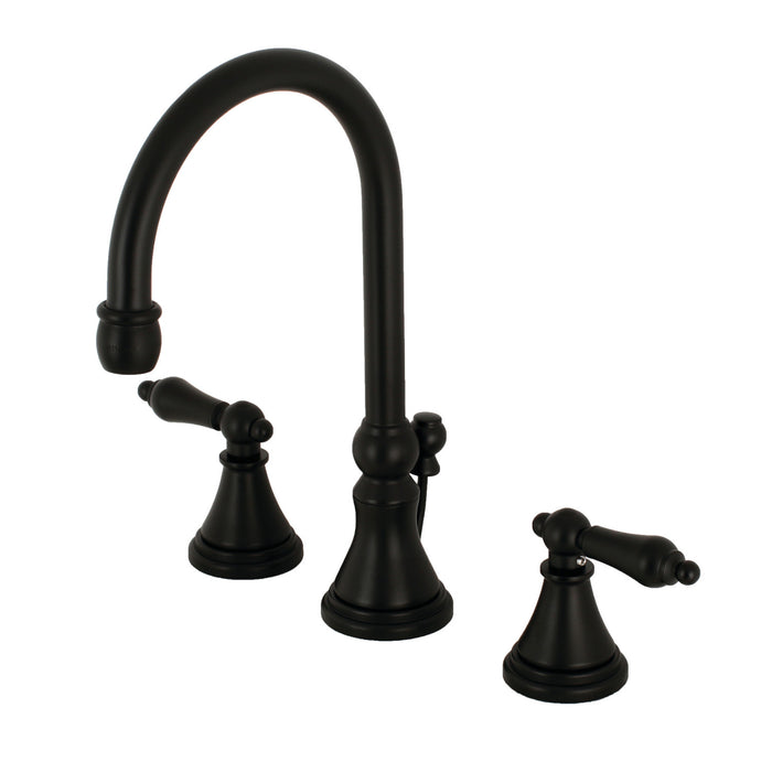 Kingston Tulare KS2980AL - Governor Two-Handle 3-Hole Deck Mount Widespread Bathroom Faucet with Brass Pop-Up, Matte Black