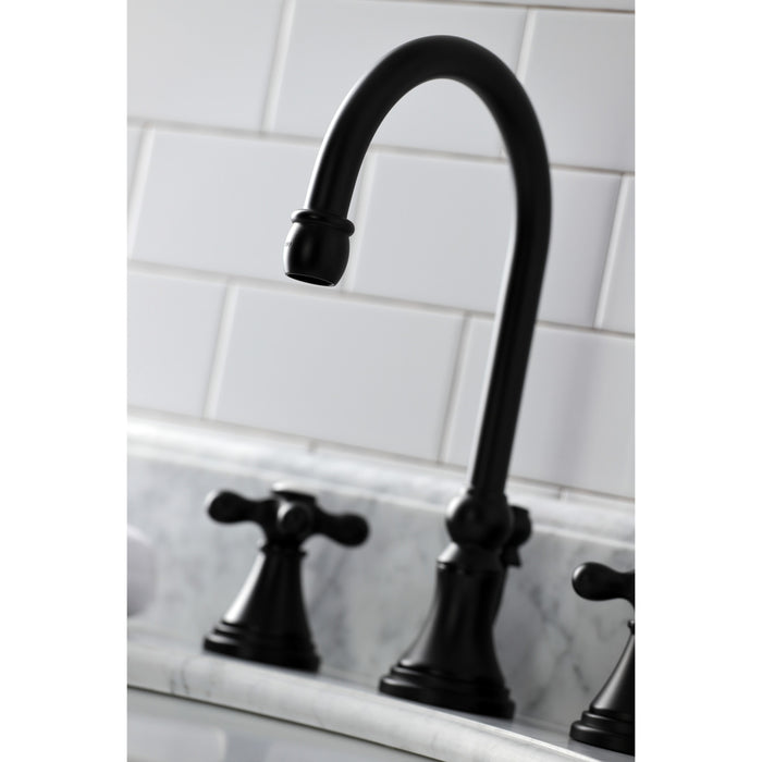 Kingston Tulare KS2980AX - Governor Two-Handle 3-Hole Deck Mount Widespread Bathroom Faucet with Brass Pop-Up, Matte Black
