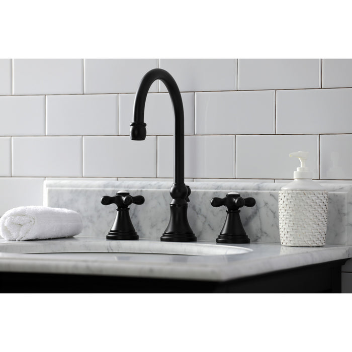 Kingston Tulare KS2980AX - Governor Two-Handle 3-Hole Deck Mount Widespread Bathroom Faucet with Brass Pop-Up, Matte Black