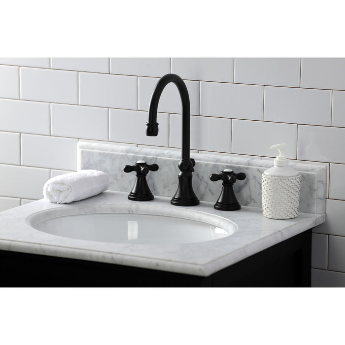 Kingston Tulare KS2980AX - Governor Two-Handle 3-Hole Deck Mount Widespread Bathroom Faucet with Brass Pop-Up, Matte Black