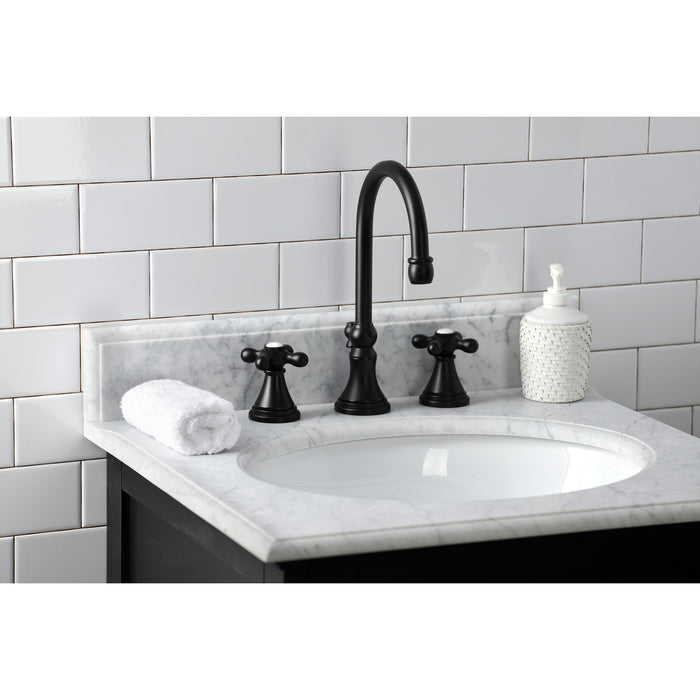 Kingston Tulare KS2980AX - Governor Two-Handle 3-Hole Deck Mount Widespread Bathroom Faucet with Brass Pop-Up, Matte Black