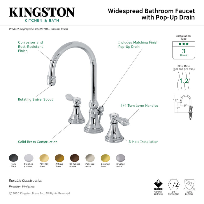 Kingston Tulare KS2980BAL - Heirloom Two-Handle 3-Hole Deck Mount Widespread Bathroom Faucet with Brass Pop-Up, Matte Black