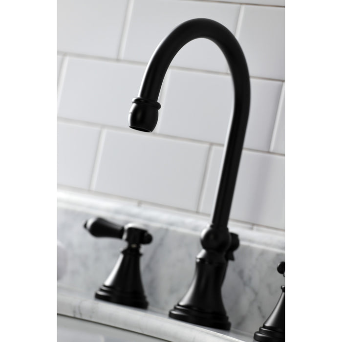 Kingston Tulare KS2980BAL - Heirloom Two-Handle 3-Hole Deck Mount Widespread Bathroom Faucet with Brass Pop-Up, Matte Black