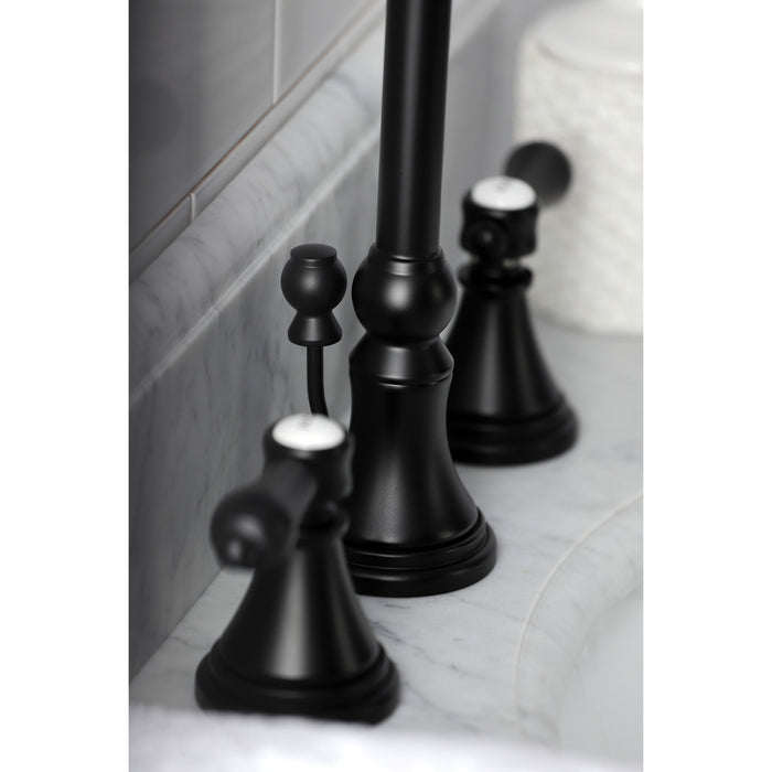 Kingston Tulare KS2980BAL - Heirloom Two-Handle 3-Hole Deck Mount Widespread Bathroom Faucet with Brass Pop-Up, Matte Black