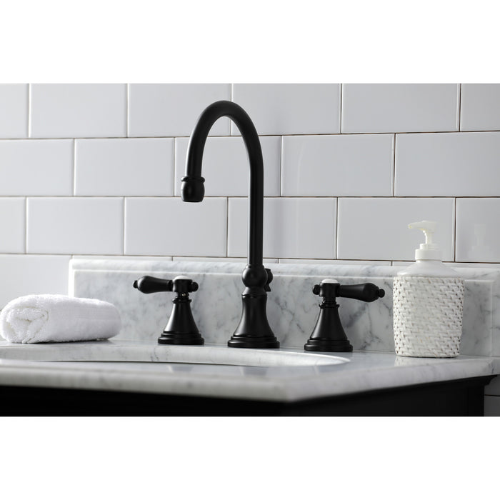 Kingston Tulare KS2980BAL - Heirloom Two-Handle 3-Hole Deck Mount Widespread Bathroom Faucet with Brass Pop-Up, Matte Black