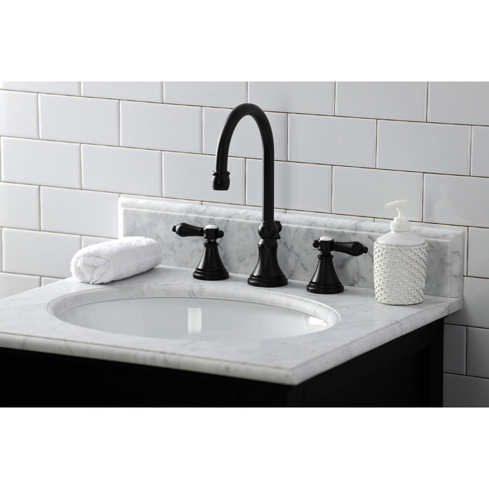 Kingston Tulare KS2980BAL - Heirloom Two-Handle 3-Hole Deck Mount Widespread Bathroom Faucet with Brass Pop-Up, Matte Black