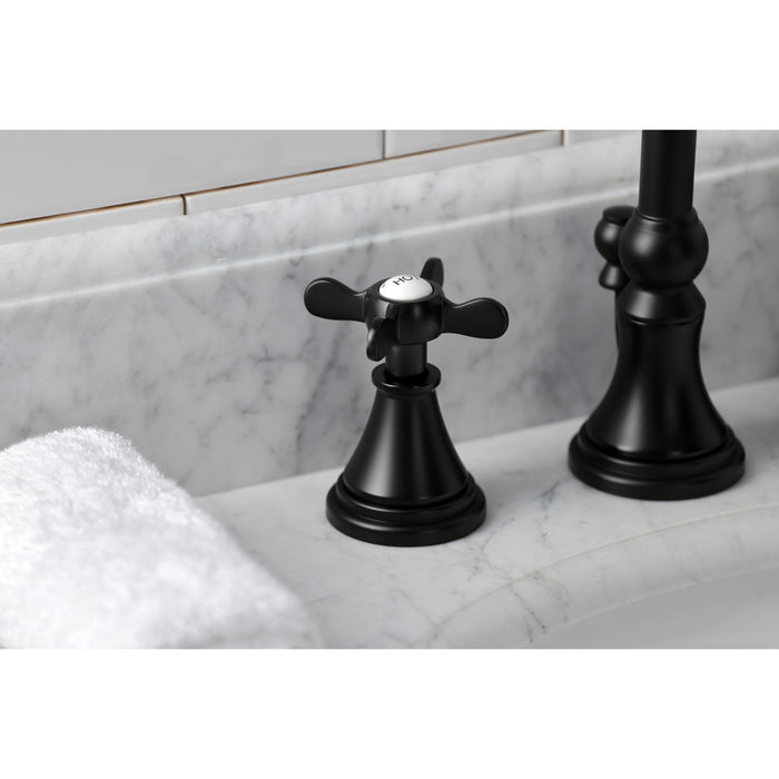 Kingston Tulare KS2980BEX - Essex Two-Handle 3-Hole Deck Mount Widespread Bathroom Faucet with Brass Pop-Up, Matte Black