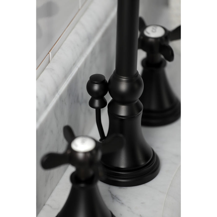 Kingston Tulare KS2980BEX - Essex Two-Handle 3-Hole Deck Mount Widespread Bathroom Faucet with Brass Pop-Up, Matte Black