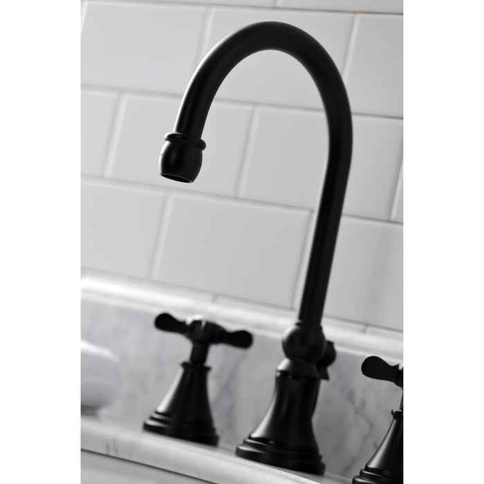 Kingston Tulare KS2980BEX - Essex Two-Handle 3-Hole Deck Mount Widespread Bathroom Faucet with Brass Pop-Up, Matte Black