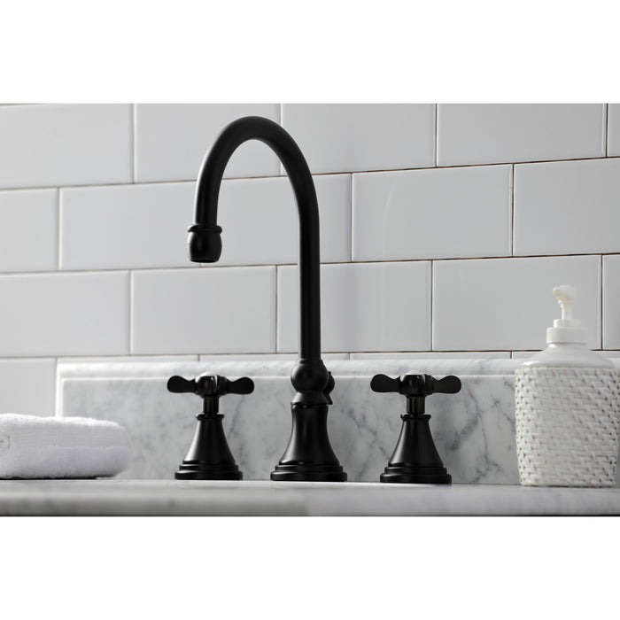 Kingston Tulare KS2980BEX - Essex Two-Handle 3-Hole Deck Mount Widespread Bathroom Faucet with Brass Pop-Up, Matte Black