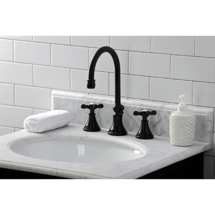 Kingston Tulare KS2980BEX - Essex Two-Handle 3-Hole Deck Mount Widespread Bathroom Faucet with Brass Pop-Up, Matte Black