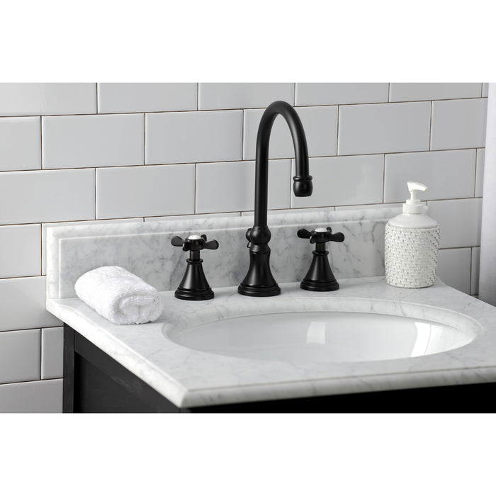 Kingston Tulare KS2980BEX - Essex Two-Handle 3-Hole Deck Mount Widespread Bathroom Faucet with Brass Pop-Up, Matte Black