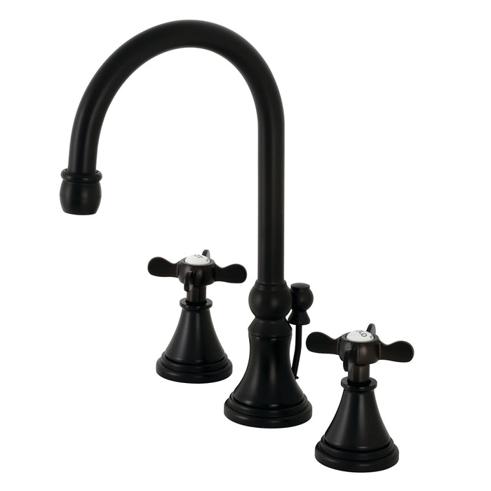 Kingston Tulare KS2980BEX - Essex Two-Handle 3-Hole Deck Mount Widespread Bathroom Faucet with Brass Pop-Up, Matte Black