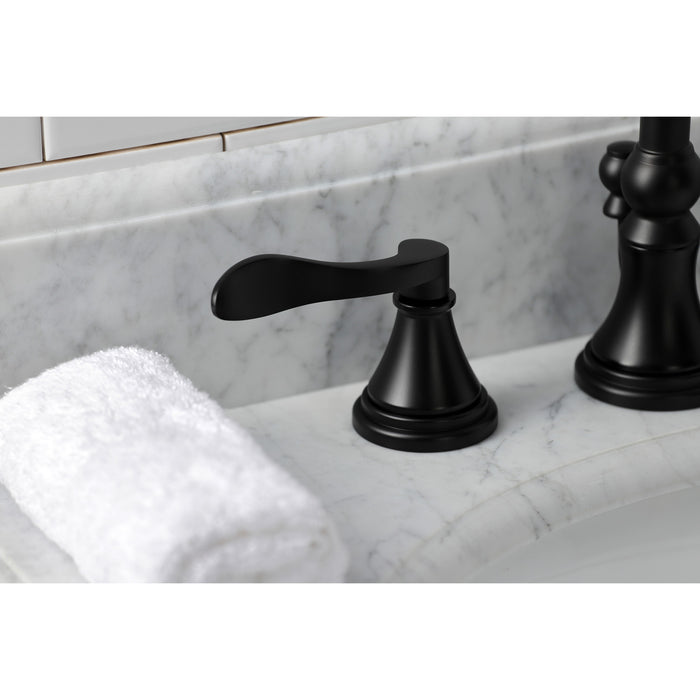 Kingston Tulare KS2980DFL - NuFrench Two-Handle 3-Hole Deck Mount Widespread Bathroom Faucet with Brass Pop-Up, Matte Black