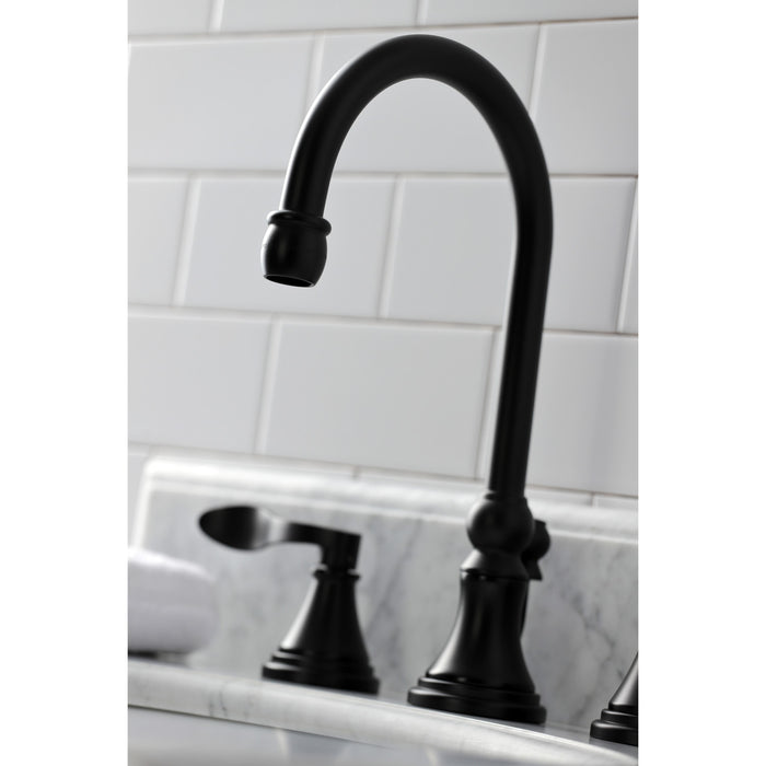 Kingston Tulare KS2980DFL - NuFrench Two-Handle 3-Hole Deck Mount Widespread Bathroom Faucet with Brass Pop-Up, Matte Black