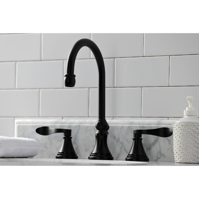 Kingston Tulare KS2980DFL - NuFrench Two-Handle 3-Hole Deck Mount Widespread Bathroom Faucet with Brass Pop-Up, Matte Black