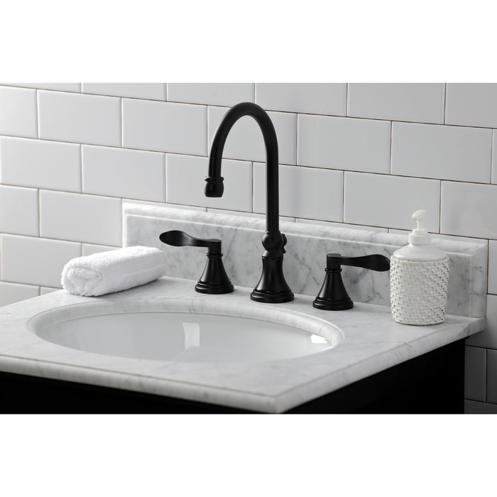 Kingston Tulare KS2980DFL - NuFrench Two-Handle 3-Hole Deck Mount Widespread Bathroom Faucet with Brass Pop-Up, Matte Black