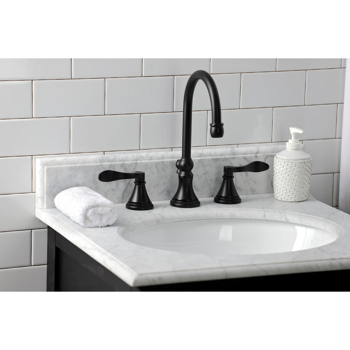 Kingston Tulare KS2980DFL - NuFrench Two-Handle 3-Hole Deck Mount Widespread Bathroom Faucet with Brass Pop-Up, Matte Black