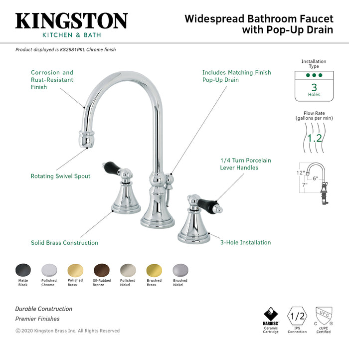 Kingston Tulare KS2980PKL - Duchess Two-Handle 3-Hole Deck Mount Widespread Bathroom Faucet with Brass Pop-Up, Matte Black
