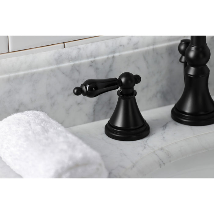Kingston Tulare KS2980PKL - Duchess Two-Handle 3-Hole Deck Mount Widespread Bathroom Faucet with Brass Pop-Up, Matte Black