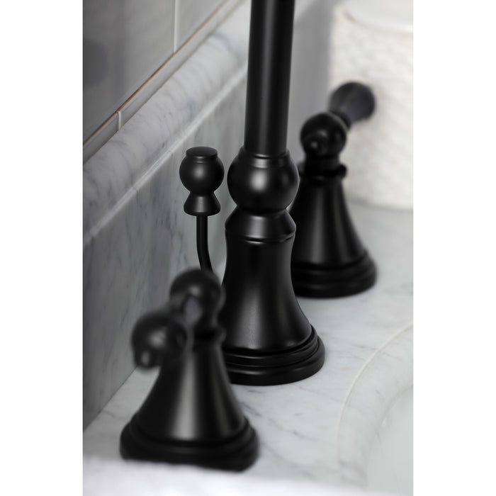 Kingston Tulare KS2980PKL - Duchess Two-Handle 3-Hole Deck Mount Widespread Bathroom Faucet with Brass Pop-Up, Matte Black