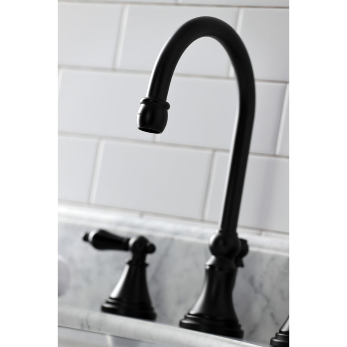 Kingston Tulare KS2980PKL - Duchess Two-Handle 3-Hole Deck Mount Widespread Bathroom Faucet with Brass Pop-Up, Matte Black