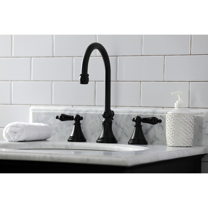 Kingston Tulare KS2980PKL - Duchess Two-Handle 3-Hole Deck Mount Widespread Bathroom Faucet with Brass Pop-Up, Matte Black