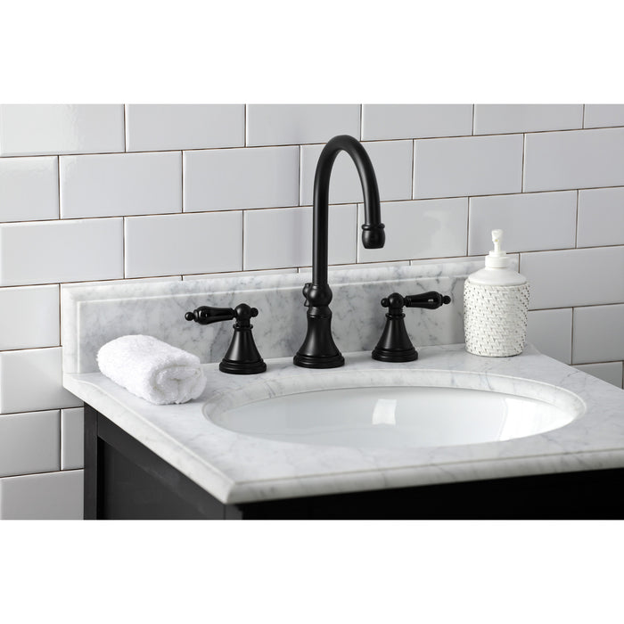 Kingston Tulare KS2980PKL - Duchess Two-Handle 3-Hole Deck Mount Widespread Bathroom Faucet with Brass Pop-Up, Matte Black