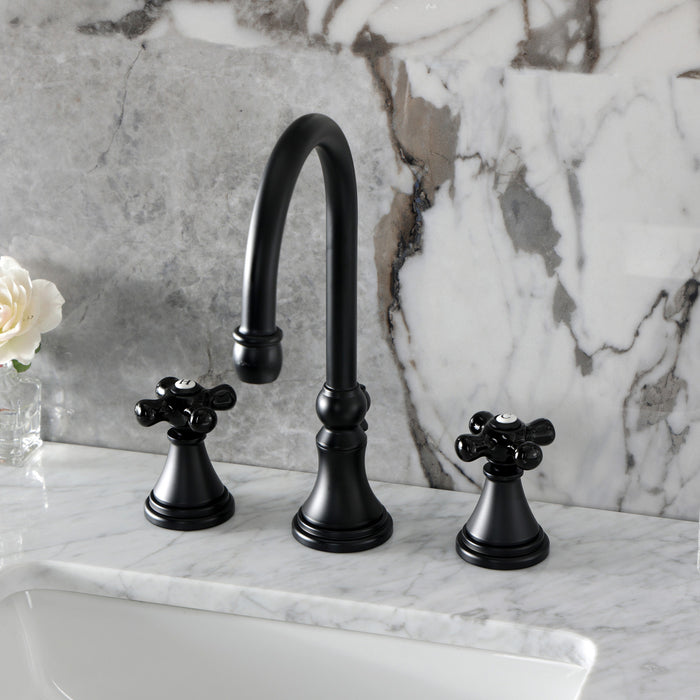Kingston Tulare KS2980PKX - Duchess Two-Handle 3-Hole Deck Mount Widespread Bathroom Faucet with Brass Pop-Up, Matte Black