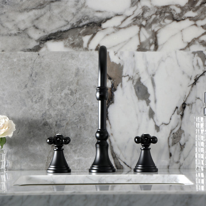 Kingston Tulare KS2980PKX - Duchess Two-Handle 3-Hole Deck Mount Widespread Bathroom Faucet with Brass Pop-Up, Matte Black
