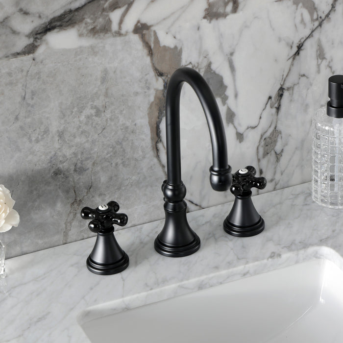 Kingston Tulare KS2980PKX - Duchess Two-Handle 3-Hole Deck Mount Widespread Bathroom Faucet with Brass Pop-Up, Matte Black