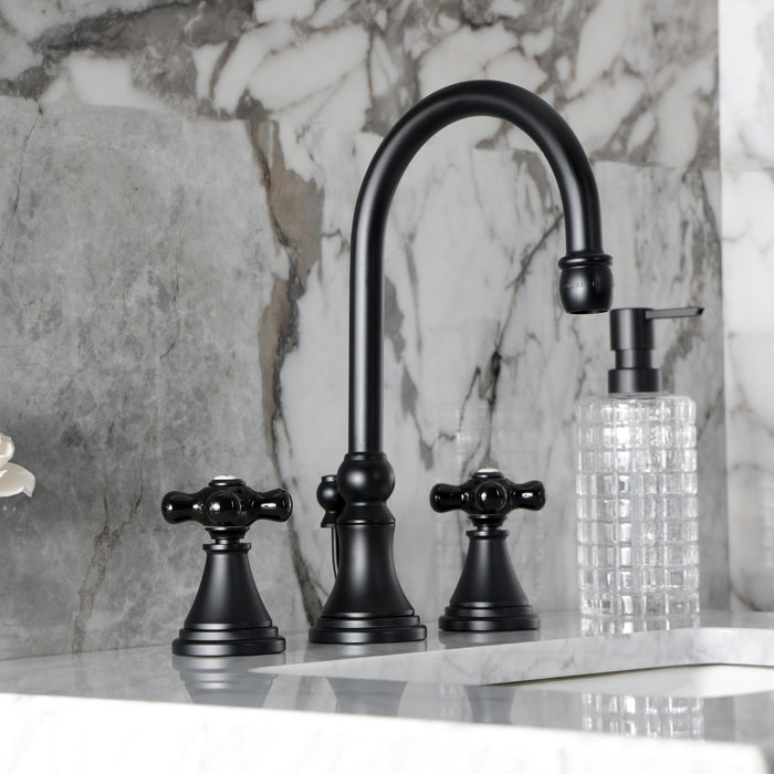 Kingston Tulare KS2980PKX - Duchess Two-Handle 3-Hole Deck Mount Widespread Bathroom Faucet with Brass Pop-Up, Matte Black