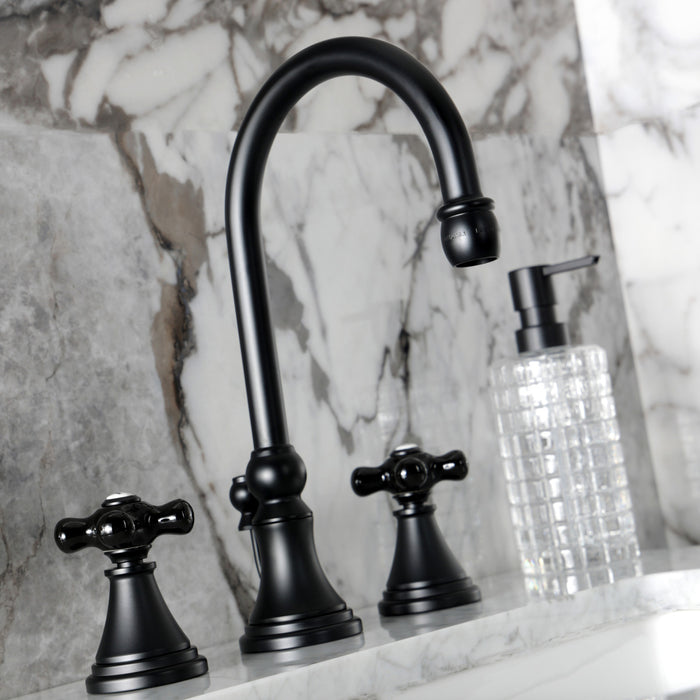 Kingston Tulare KS2980PKX - Duchess Two-Handle 3-Hole Deck Mount Widespread Bathroom Faucet with Brass Pop-Up, Matte Black