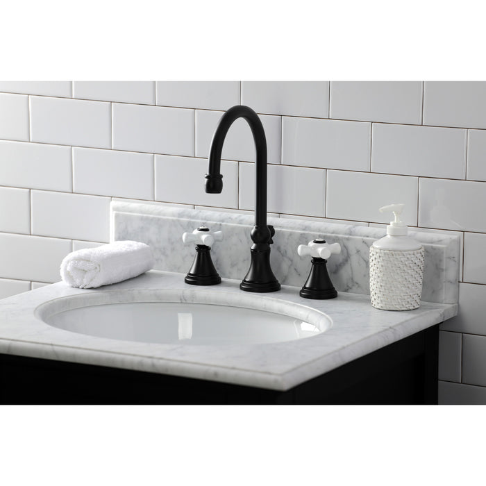 Kingston Tulare KS2980PX - Governor Two-Handle 3-Hole Deck Mount Widespread Bathroom Faucet with Brass Pop-Up, Matte Black