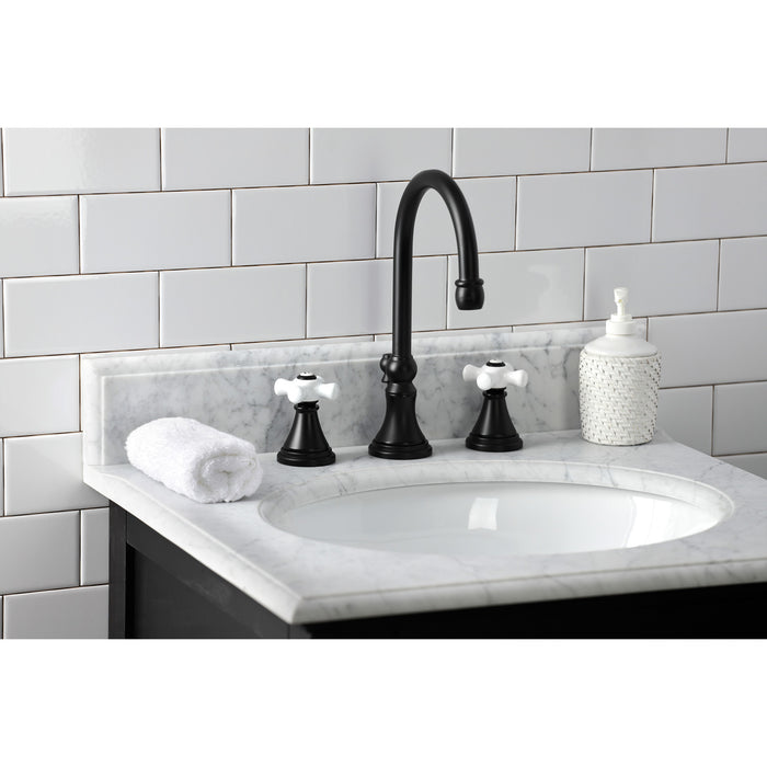 Kingston Tulare KS2980PX - Governor Two-Handle 3-Hole Deck Mount Widespread Bathroom Faucet with Brass Pop-Up, Matte Black