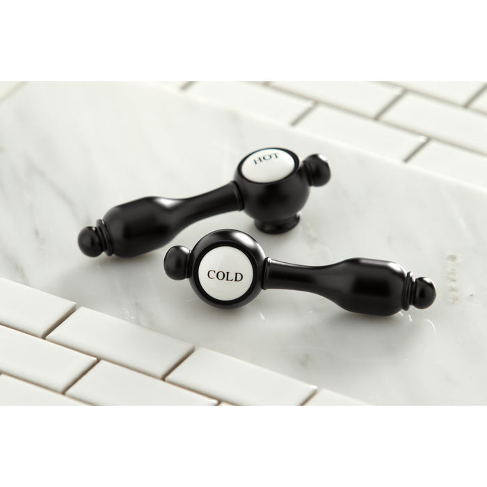 Kingston Tulare KS2980TAL - Tudor Two-Handle 3-Hole Deck Mount Widespread Bathroom Faucet with Brass Pop-Up, Matte Black